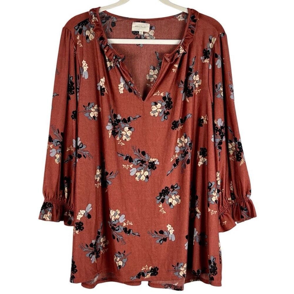 Melloday Floral Smock 3/4 Sleeve V-neck Blouse 1X